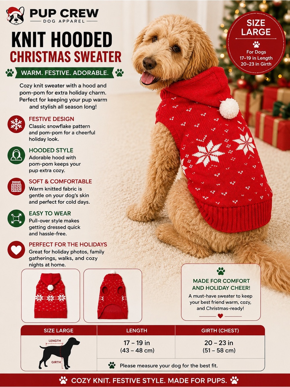 Pup Crew Red Knit Hooded Christmas Sweater for Dogs